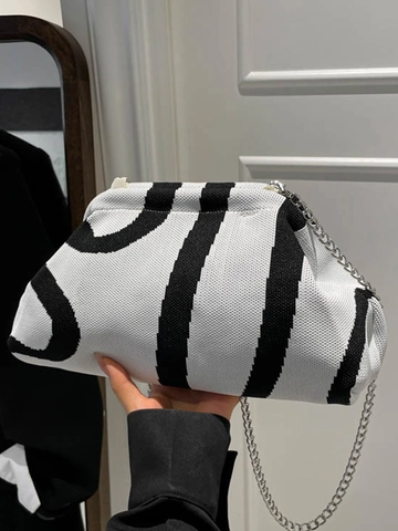 Sac à Épaule Tricoté Rayé pour Femmes Avec Chaîne en Métal Argenté Sac Bandoulière Cloud Minimaliste Décontracté en Tissu