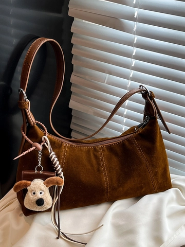 Vintage PU Leather Crescent Shoulder Bag For Women Retro Hobo Underarm Bag Large Capacity Splicing Design Bag With Pendant
