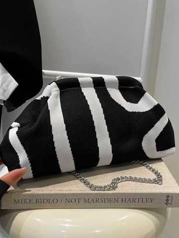 Sac à Épaule Tricoté Rayé pour Femmes Avec Chaîne en Métal Argenté Sac Bandoulière Cloud Minimaliste Décontracté en Tissu