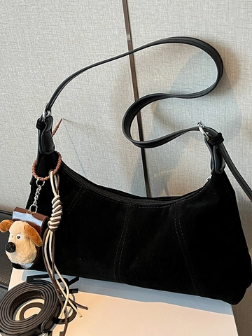 Vintage PU Leather Crescent Shoulder Bag For Women Retro Hobo Underarm Bag Large Capacity Splicing Design Bag With Pendant
