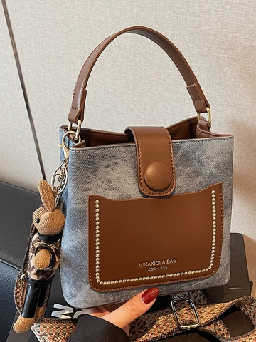 Fashion Retro PU Leather Bucket Bag For Women Contrast Color Patchwork Shoulder Bag With Woven Strap And Rabbit Pendant