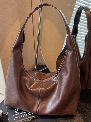 Women Large Capacity PU Leather Hobo Shoulder Bag Minimalist Soft Tote Bag For Commuting Urban Style Solid Color Handbag