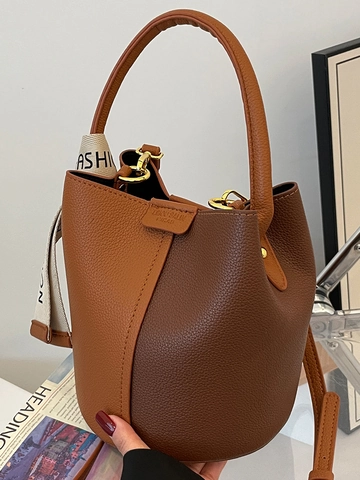 Dames PU Leren Emmer Tas Contrast Kleur Splitsen Lychee Patroon Handtas Lint Mode Schouder Crossbody Tas