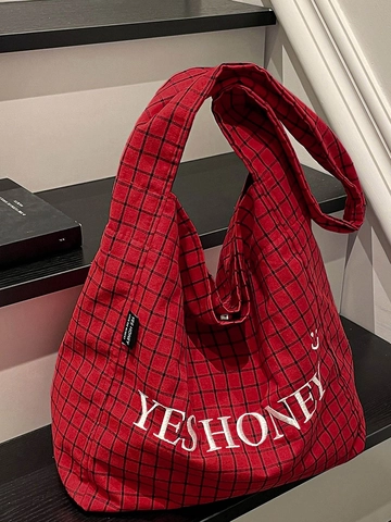 Sac Fourre-Tout en Toile à Carreaux Vintage pour Femmes Grande Capacité Broderie de Lettres Sac à Épaule Décontracté Mode Sac à Main