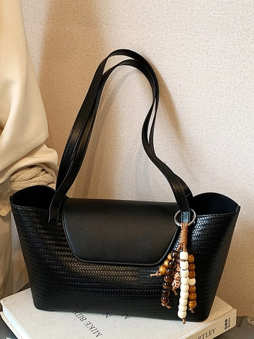 Women Vintage PU Leather Woven Underarm Bag Minimalist Solid Color Shoulder Bag Chic Beaded Pendant Tote Handbag For Daily Match
