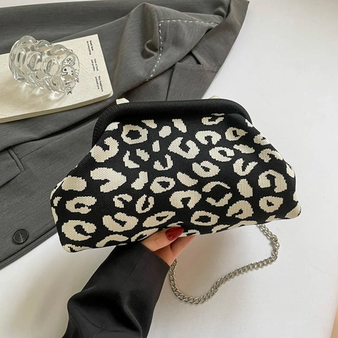 Women Knitted Leopard Print Cloud Bag Fashion Niche Design Crossbody Shoulder Bag With Metal Chain Retro Clasp Purse Clutch Handbag