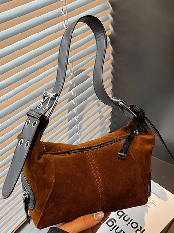 Retro Suede Underarm Bag For Women Minimalist Half Moon Shoulder Bag With Adjustable Leather Strap Vintage Solid Color Handbag