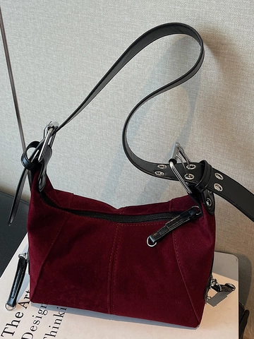 Retro Suede Underarm Bag For Women Minimalist Half Moon Shoulder Bag With Adjustable Leather Strap Vintage Solid Color Handbag