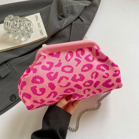 Women Knitted Leopard Print Cloud Bag Fashion Niche Design Crossbody Shoulder Bag With Metal Chain Retro Clasp Purse Clutch Handbag