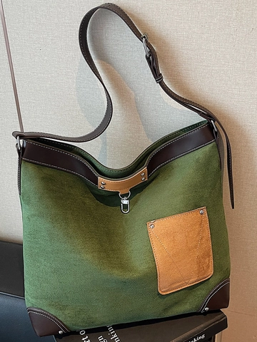 Bolso Tote de Gamuza Sintética para Mujer Gran Capacidad Retro Bloque de Color Patchwork Bolso de Hombro Casual Urbano