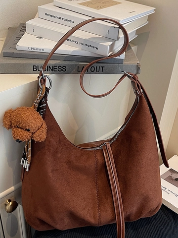 Vintage Suede Texture PU Leather Large Capacity Shoulder Bag With Plush Dog Pendant Retro Minimalist Hobo Tote Bag For Women Daily Commuting