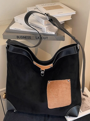 Bolso Tote de Gamuza Sintética para Mujer Gran Capacidad Retro Bloque de Color Patchwork Bolso de Hombro Casual Urbano