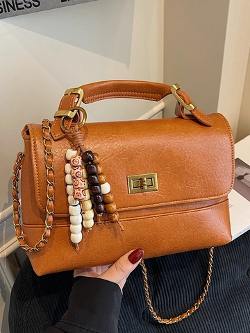 Women Retro PU Leather Shoulder Bag Fashion Minimalist Square Crossbody Bag With Twist Lock Chain Strap And Bead Charm