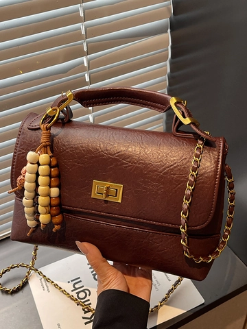 Women Retro PU Leather Shoulder Bag Fashion Minimalist Square Crossbody Bag With Twist Lock Chain Strap And Bead Charm