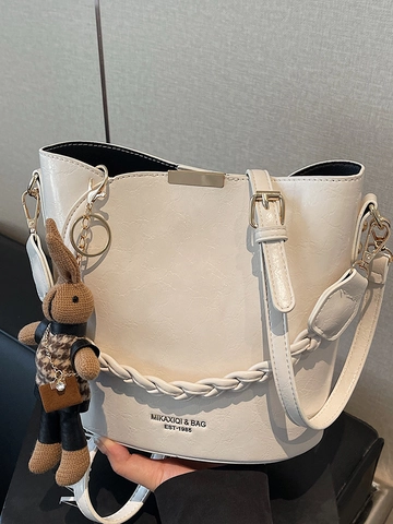 Women Vintage PU Leather Bucket Bag Minimalist Shoulder Crossbody Bag Urban Fashion Handbag With Rabbit Charm And Woven Strap