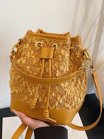 Borsa a Secchiello da Donna Retro Colorblock in Tweed e Pelle PU Patchwork Borsa a Tracolla Minimalista Casual Piccola Borsetta