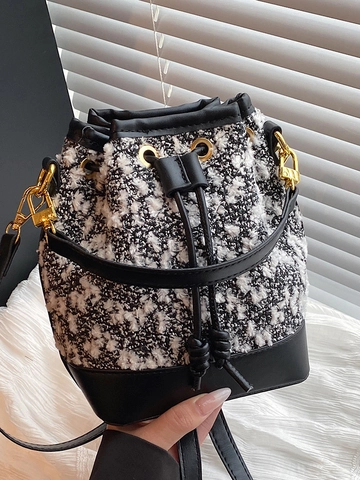 Borsa a Secchiello da Donna Retro Colorblock in Tweed e Pelle PU Patchwork Borsa a Tracolla Minimalista Casual Piccola Borsetta