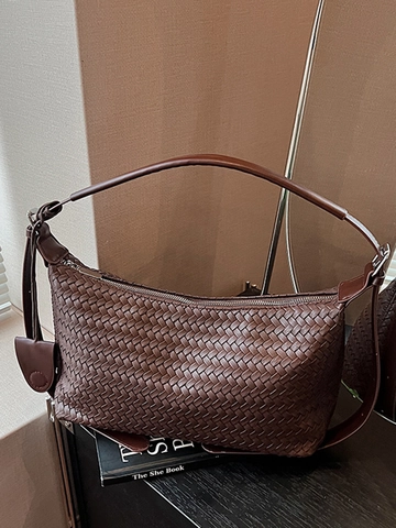 Retro Woven PU Leather Shoulder Hobo Bag For Women 2025 New Fashion Commuter Large Capacity Underarm Bag Solid Color Crossbody Handbag