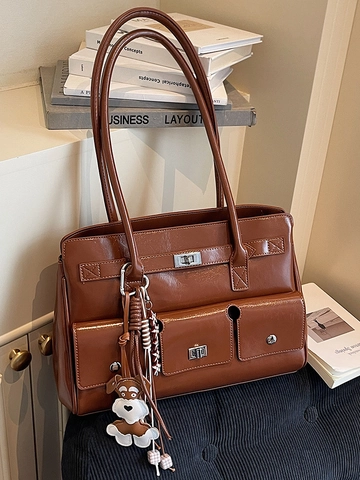 Vintage PU Leather Large Capacity Tote Bag For Women Retro Casual Shoulder Bag With Cartoon Pendant Commuter Office Handbag