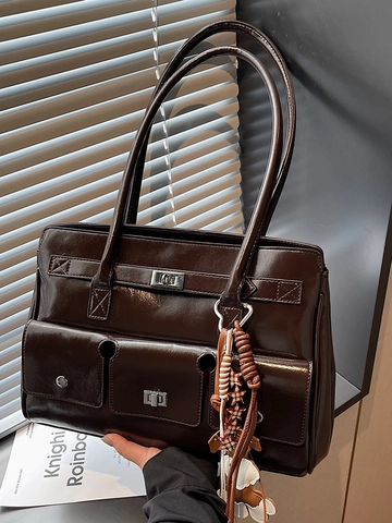 Vintage PU Leather Large Capacity Tote Bag For Women Retro Casual Shoulder Bag With Cartoon Pendant Commuter Office Handbag