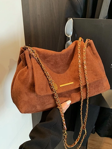 Borsa Tote da Donna in Faux Suede Grande Capacità Borsa a Spalla con Catena Vintage Urban Simple Tracolla Elegante Borsa da Lavoro