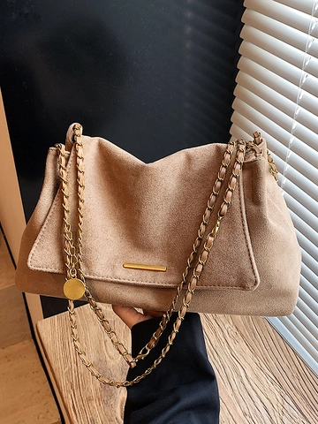 Borsa Tote da Donna in Faux Suede Grande Capacità Borsa a Spalla con Catena Vintage Urban Simple Tracolla Elegante Borsa da Lavoro