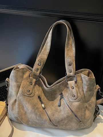 Borsa Tote Vintage da Donna in Finta Scamosciata Grande Capacità Borsa a Tracolla Con Rivetti in Metallo Tasche Con Cerniera