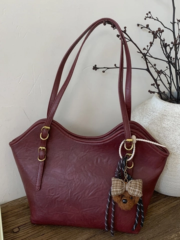 Women Large Capacity Tote Bag Vintage PU Leather Shoulder Bag With Bear Charm Fashion Casual Commuter Handbag