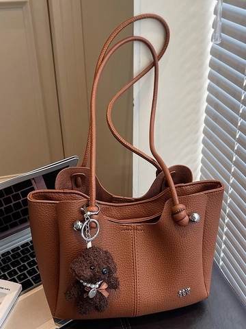 Borsa Tote in Pelle PU alla Moda Borsa a Tracolla Casual da Donna con Motivo Litchi Borsa Sottobraccio con Ciondolo Orsetto Pendolarismo Ufficio