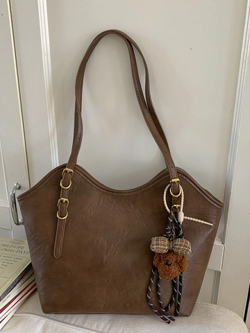 Women Large Capacity Tote Bag Vintage PU Leather Shoulder Bag With Bear Charm Fashion Casual Commuter Handbag