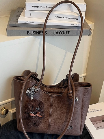 Borsa Tote in Pelle PU alla Moda Borsa a Tracolla Casual da Donna con Motivo Litchi Borsa Sottobraccio con Ciondolo Orsetto Pendolarismo Ufficio