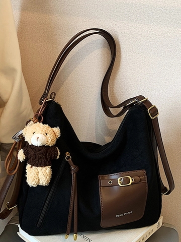 Dames Retro Suède Schoudertas Grote Capaciteit Met Beer Hanger Patchwork Hobo Tote Tas Voor Dagelijks Woon-werkverkeer Kantoor
