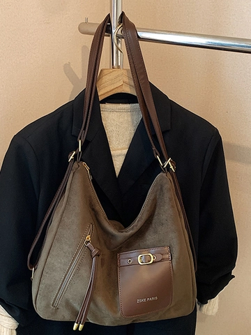 Dames Retro Suède Schoudertas Grote Capaciteit Met Beer Hanger Patchwork Hobo Tote Tas Voor Dagelijks Woon-werkverkeer Kantoor