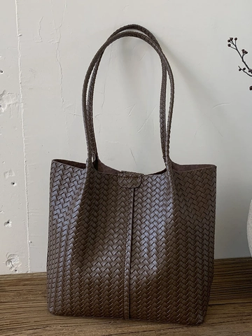 Retro Gewebte Tragetasche Aus PU-Leder Für Damen Vintage Schultertasche Mit Magnetverschluss Große Kapazität Modische Handtasche