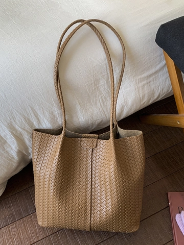 Retro Gewebte Tragetasche Aus PU-Leder Für Damen Vintage Schultertasche Mit Magnetverschluss Große Kapazität Modische Handtasche