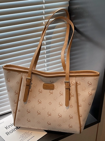Damen Große Kapazität PU Leder Tragetasche Retro Monogramm Hirsch Druck Umhängetasche Urban Minimalist Lässige Alltagshandtasche Für Pendler