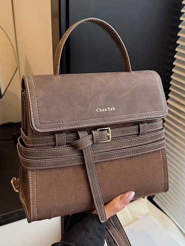 Retro Wildleder PU Spleißen Schultertasche Für Damen Kontrastnähte Quadratische Handtasche Crossbody Tasche Pendeln Mode Handtasche