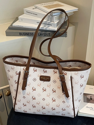 Damen Große Kapazität PU Leder Tragetasche Retro Monogramm Hirsch Druck Umhängetasche Urban Minimalist Lässige Alltagshandtasche Für Pendler