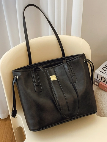 Borsa Tote Grande Capacità in Pelle PU Borsa a Tracolla Minimalista Retro Con Fibbia in Metallo Coulisse Borsa Sottobraccio Donna