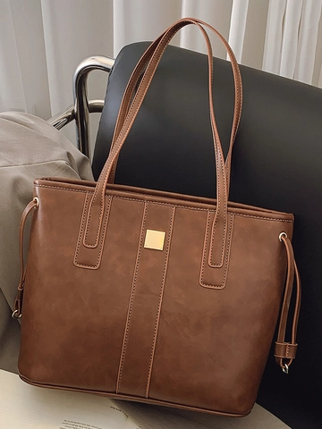 Borsa Tote Grande Capacità in Pelle PU Borsa a Tracolla Minimalista Retro Con Fibbia in Metallo Coulisse Borsa Sottobraccio Donna
