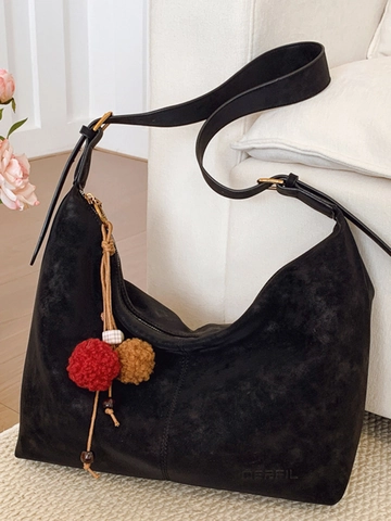 Dames Grote Capaciteit PU Leer Schoudertas Vintage Suède Textuur Tote Bag Met Pluche Bal Hanger Hobo Tas Voor Dagelijks Gebruik