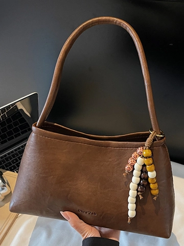 Vintage Women PU Leather Underarm Bag Minimalist Solid Color Shoulder Bag With Beaded Pendant Elegant Daily Handbag