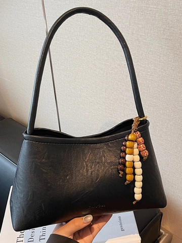 Vintage Women PU Leather Underarm Bag Minimalist Solid Color Shoulder Bag With Beaded Pendant Elegant Daily Handbag
