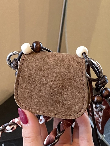 Retro Mini Wildleder Umhängetasche Für Damen Bohemian Stil Kleine Schultertasche Mit Holzperlen Dekor Mode Accessoire Tasche