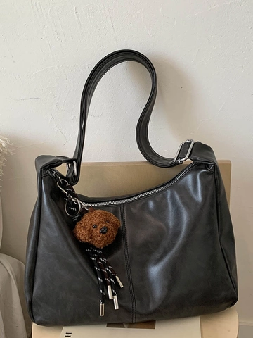 Retro Grote Capaciteit Dames PU Leer Schoudertas Koreaanse Patchwork Crossbody Tas Mode Woon-werkverkeer Tote Bag Met Berenhanger