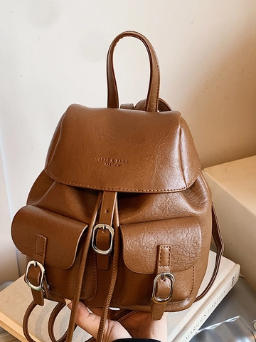 Vintage Women PU Leather Drawstring Backpack Fashion Street Trend Flap School Travel Casual Small Rucksack Shoulder Bag