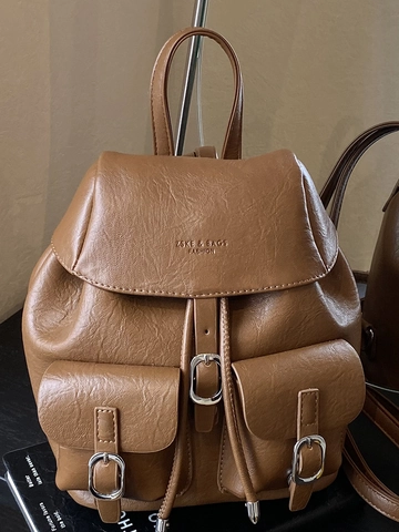 Vintage Women PU Leather Drawstring Backpack Fashion Street Trend Flap School Travel Casual Small Rucksack Shoulder Bag
