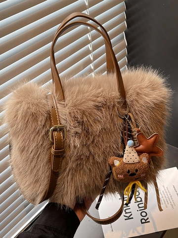 Damen Koreanischer Stil Plüsch Eimertasche Große Kapazität Minimalistisch Kunstpelz Umhängetasche Mit Süßem Bären Anhänger Alltag