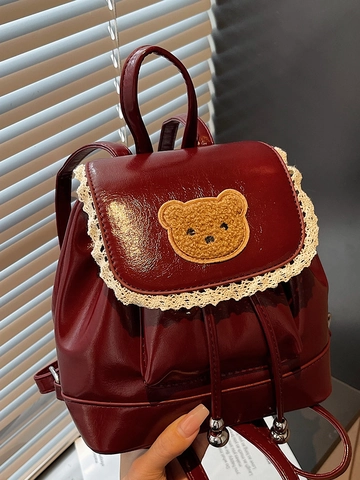 Koreanischer Stil Mini PU Leder Rucksack Für Damen Mit Teddybär Aufnäher Spitzenbesatz Retro Mode Kordelzug Lässiger Rucksack