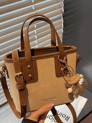 Borsa a Secchiello da Donna in Pelle PU Patchwork a Contrasto Borsa a Tracolla Retrò Con Portachiavi a Forma di Mostro Peluche
